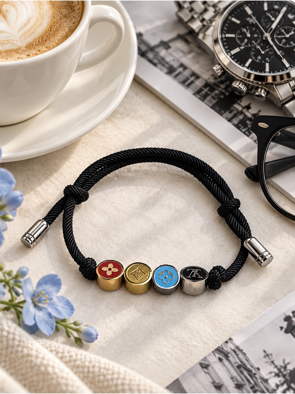Womenβs Adjustable Black Cord Bracelet Steel Charms Statement Jewelry